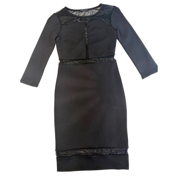 Donna Mizani Dresses & Skirts - Donna Mizani Black Mesh Panel Bodycon Midi Dress Long Sleeve Cut Out Womens